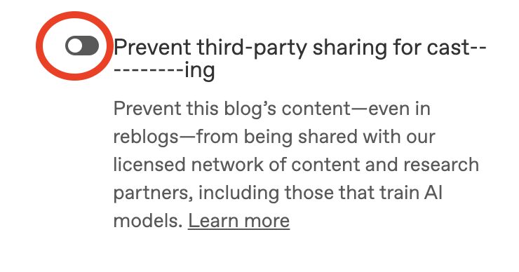 Screenshot of Tumblr's AI training policies. A red circle is around the Opt-Out checkbox.